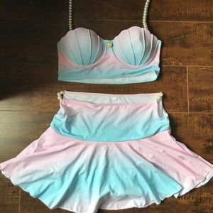 Watercolor Mermaid Bikini with swim skirt! 💕💙